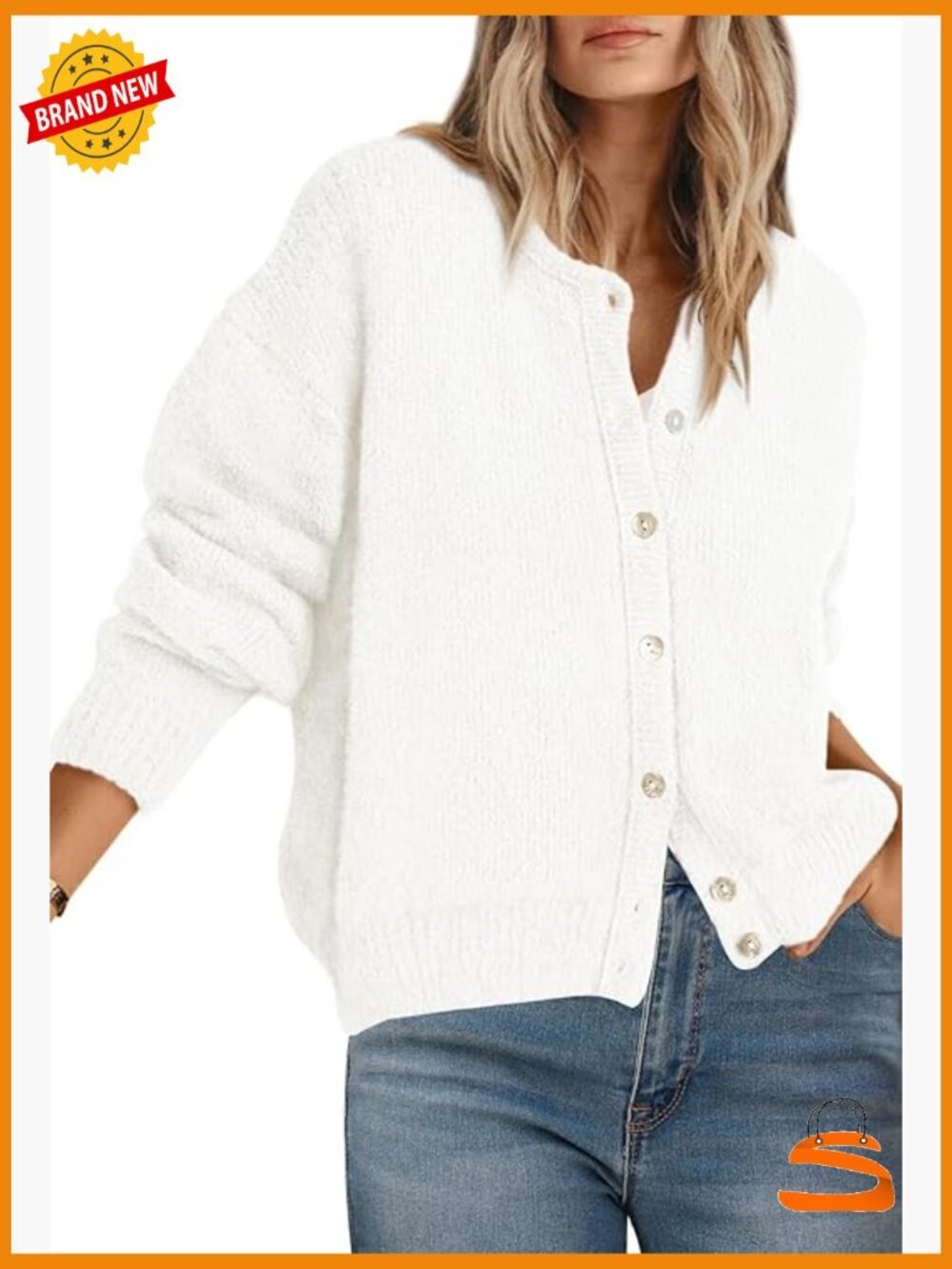 Chunky Open Front Cardigan Long Sleeve Crewneck Button Down Sweater